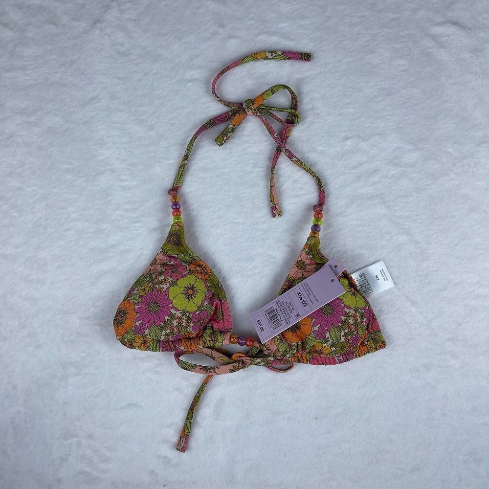 Wild Fable Triangle Bikini Top Womens 2XS Pink Floral Print Beaded Strap Stretch